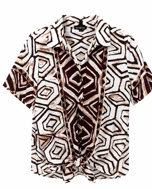 Size S | Short-sleeve Button-down Blouse Brown & white Abstract Geometric