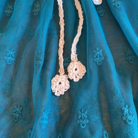 Crochet Lace Sheer Floral Drawstring Tank Top Teal Cream Bohemian Fairycore LG