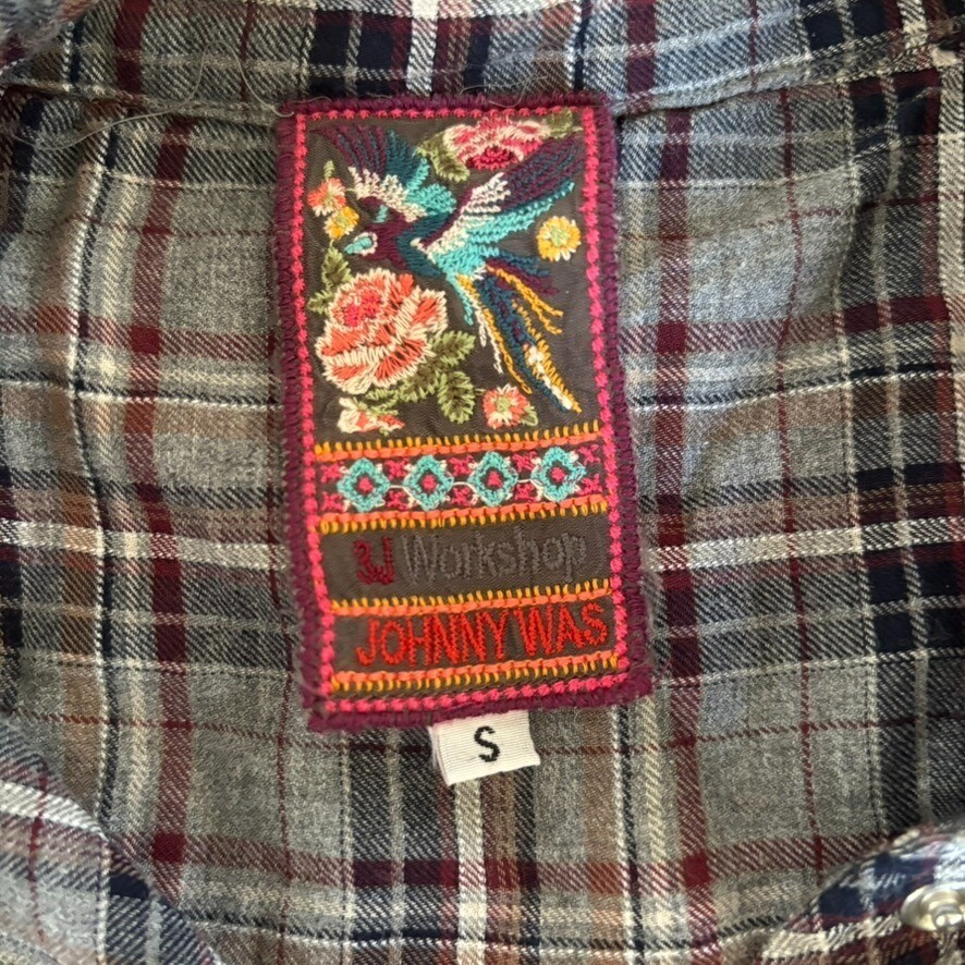 Johnny Was 3J Workshop Plaid Pearl Snap Up Tunic Western Floral Embroidered Boho