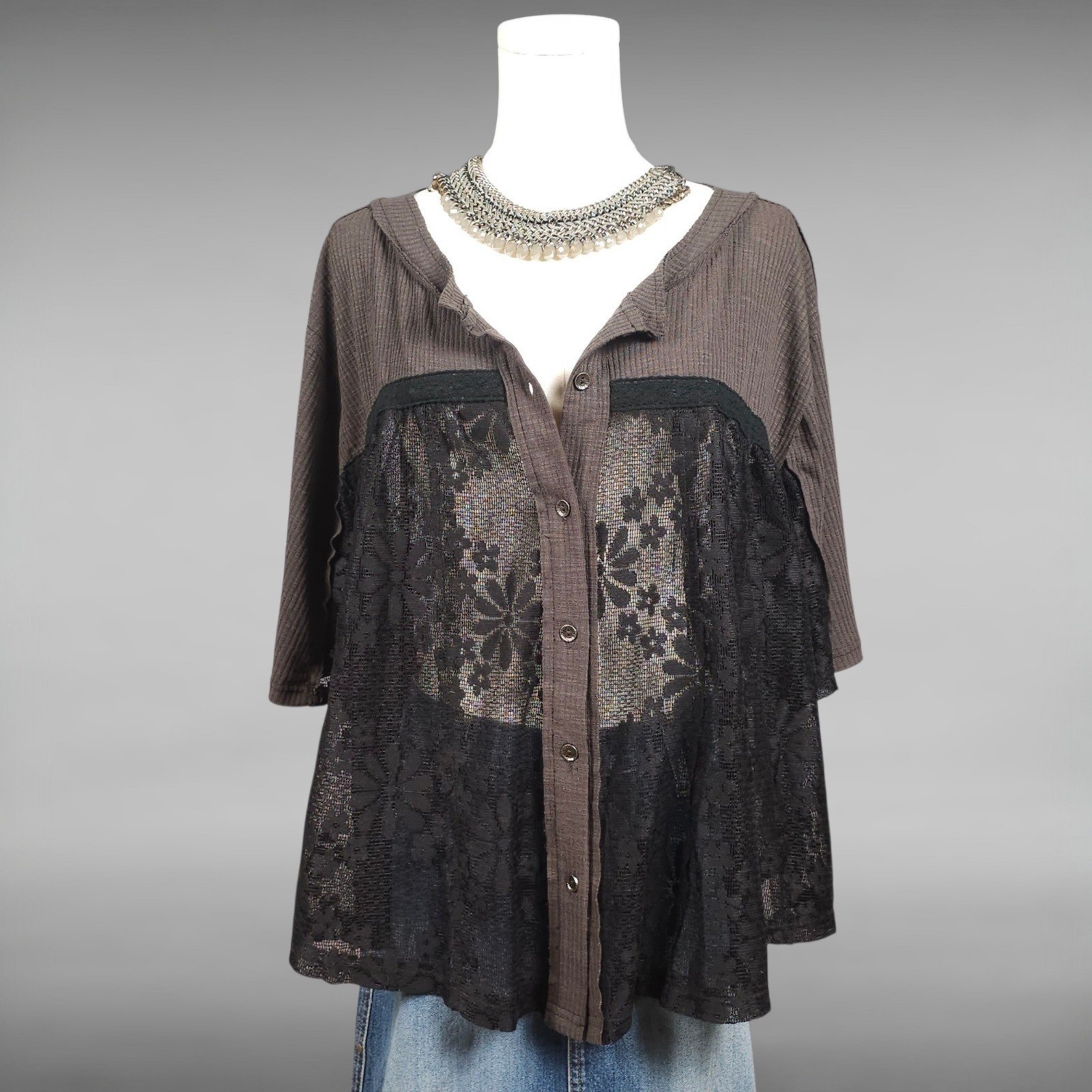POL Boho Grunge Whimsigoth Waffle Knit Floral Sheer Lace Button Up Womens S