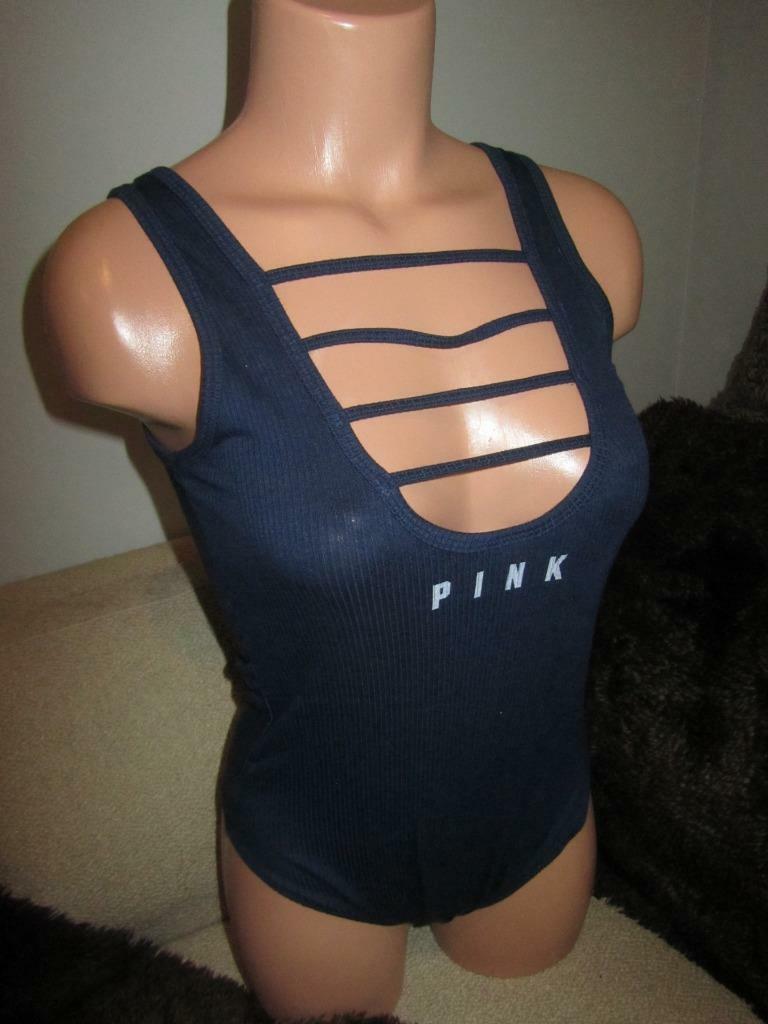Victoria’s Secret Pink Bodysuit 1 Piece Blue Logo Cage Neck Top shirt XS NEW