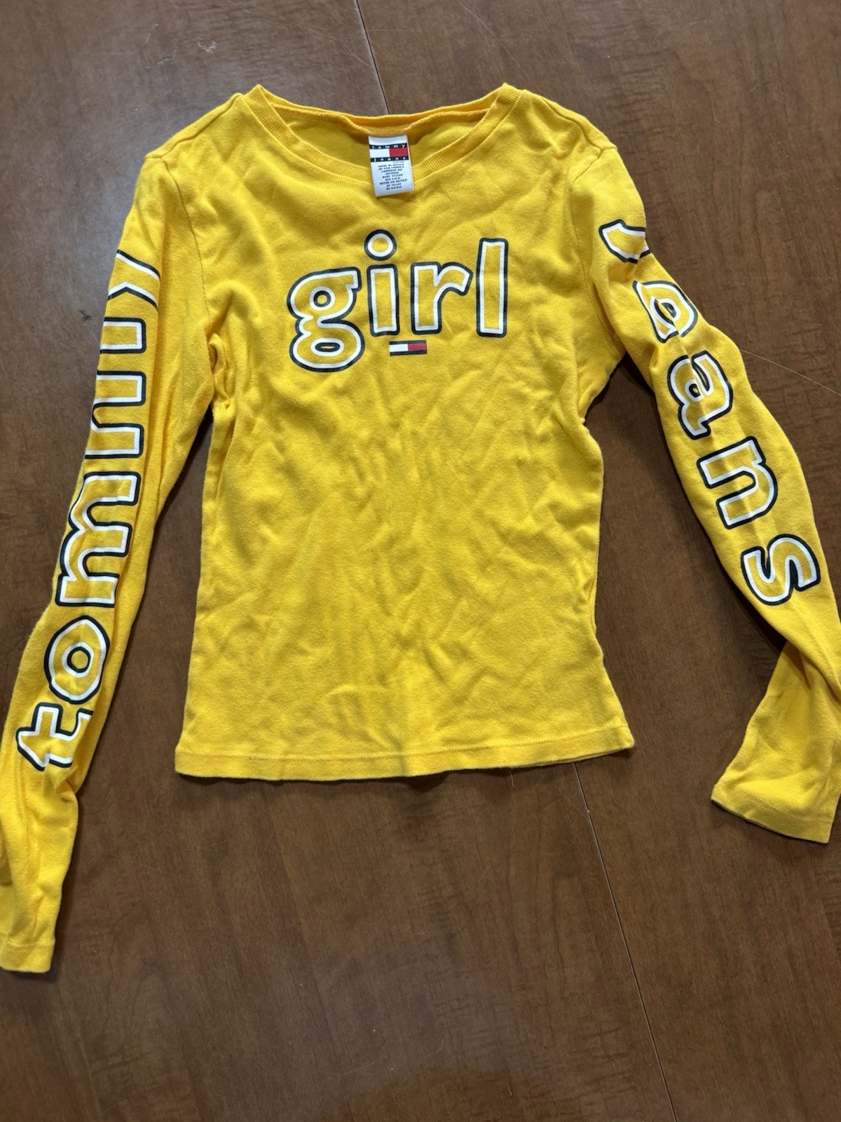 Vintage Tommy Girl Jeans Long Sleeve Shirt Women’s Small Yellow Graphic Logo Y2K