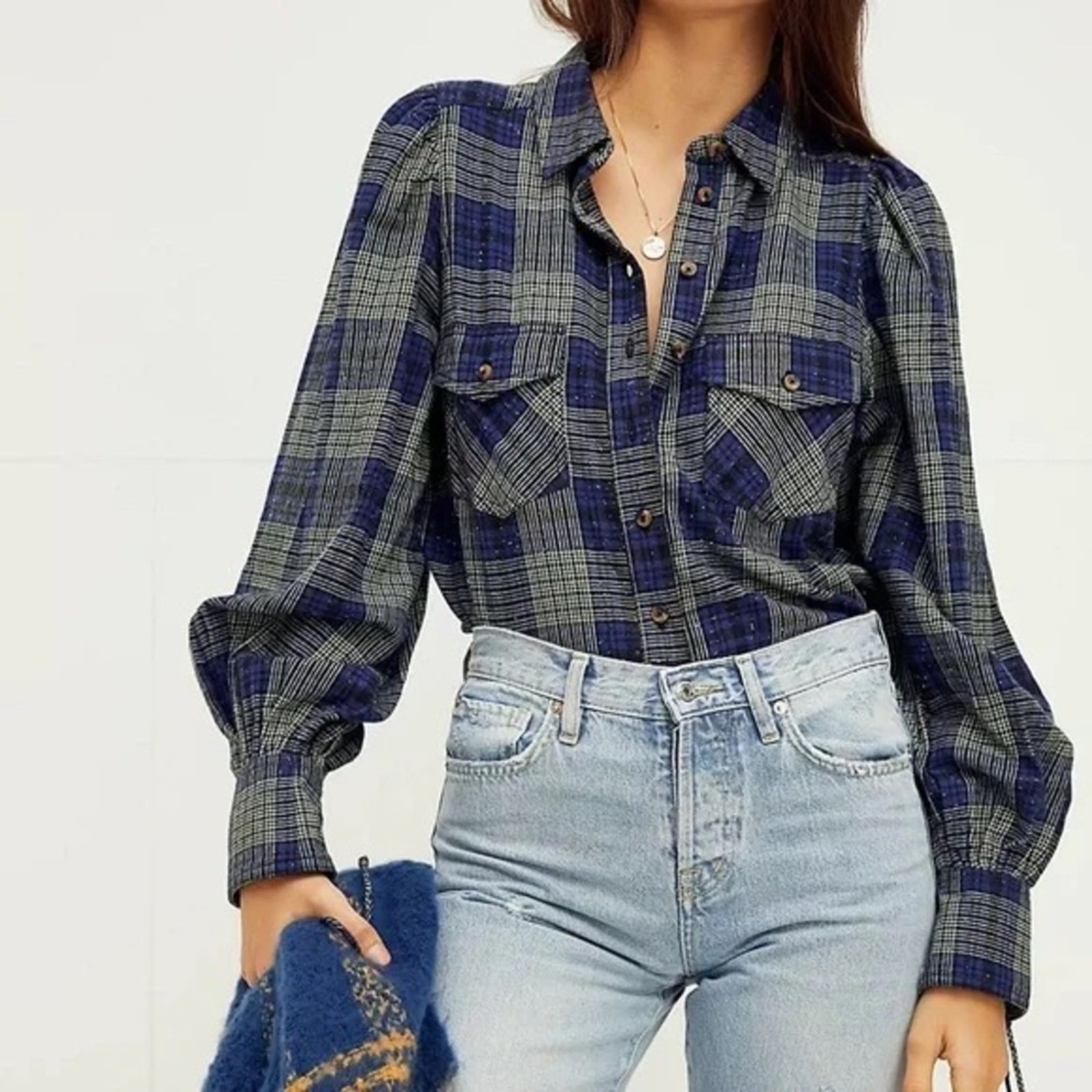 FREE PEOPLE blue sun city plaid puff sleeve top grunge preppy / size XS