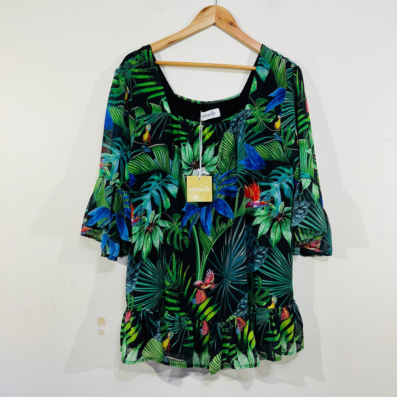 Virtuelle Blouse Top 14 Black Green Blue Birds Tropical Print Bell Sleeve Ruffle