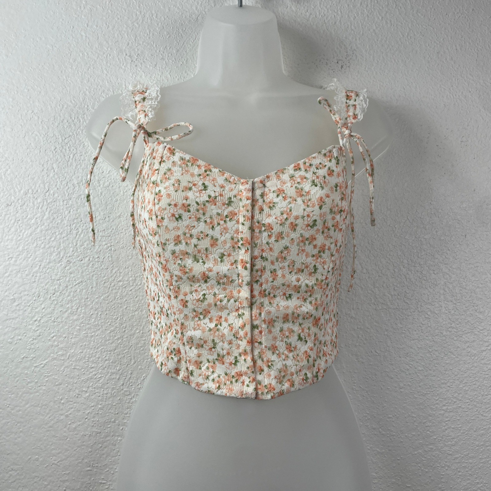 Lulus XS Floral Lace Corset Crop Top Peach Cream Smocked Back Tie Strap NEW