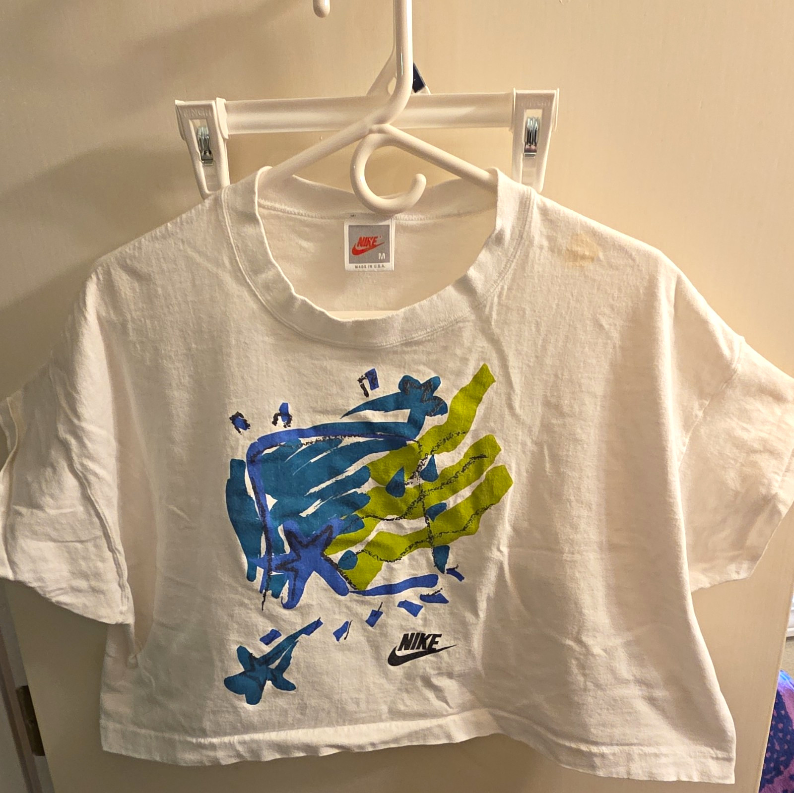 Vintage 90s Nike Woman Medium White Blue Teal Green Graphic Cotton Crew Crop Top
