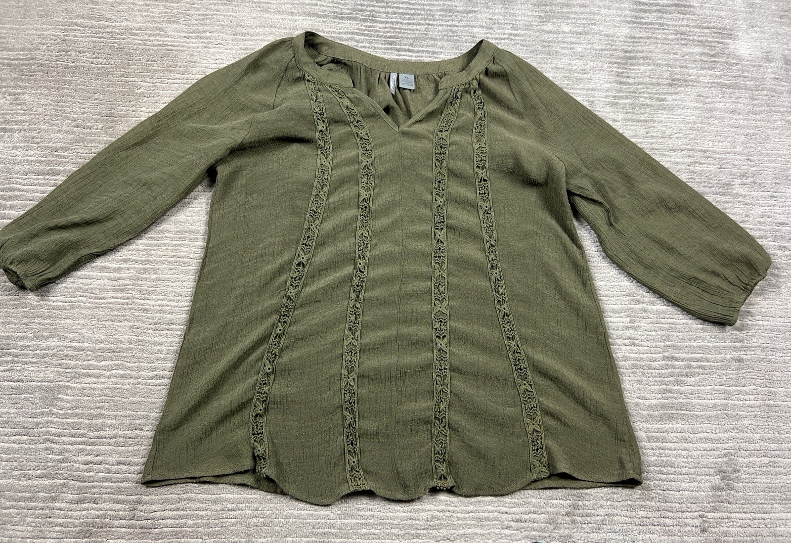 New Directions Top Womens XL Green V-Neck 3/4 Sleeve Semi Sheer Rayon Blend