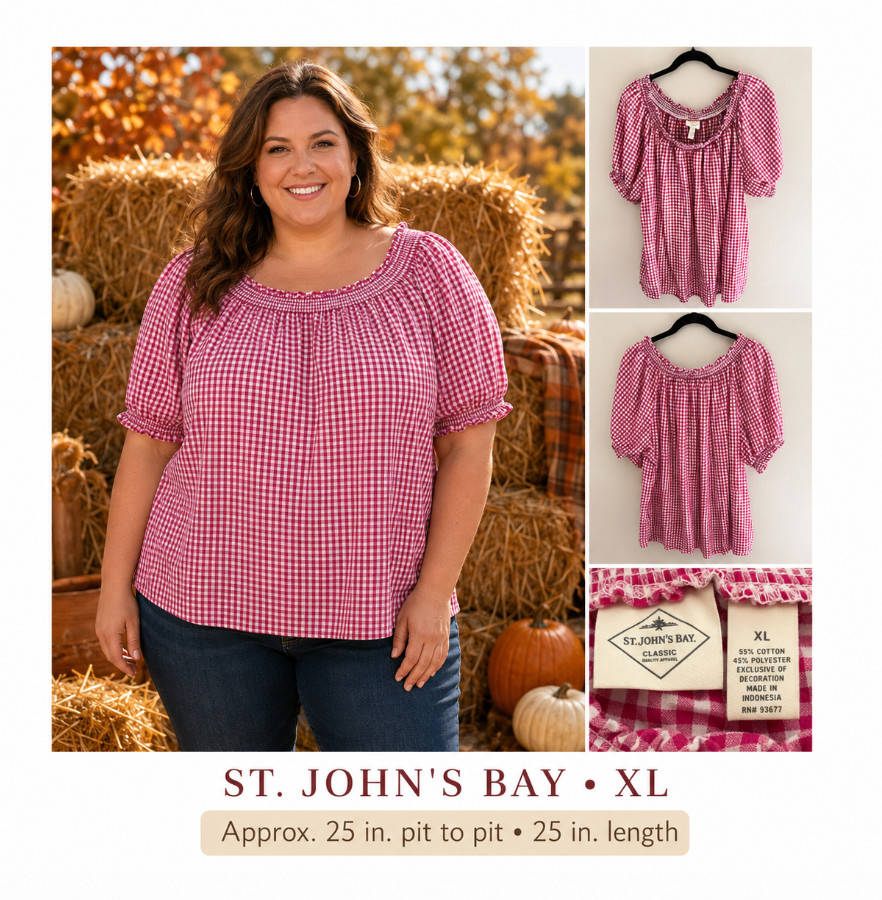 St. John’s Bay Pink Gingham Cottagecore Smocked Neck Top – 0X