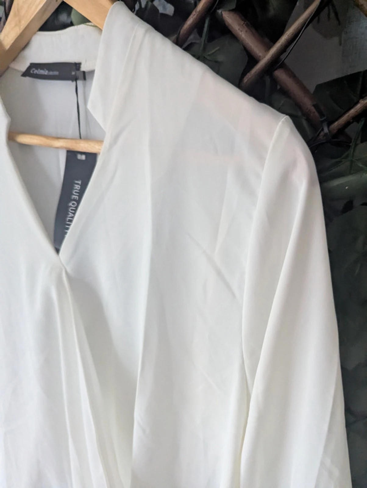 Elegant White Blouse by Celmia – Long Sleeve Wrap Style Top, Size L