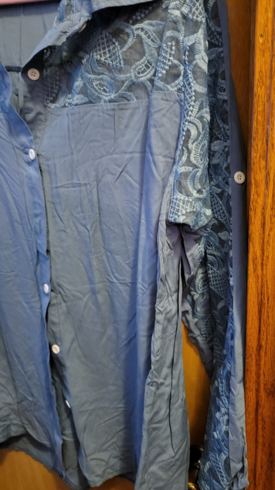 Blouse, Blue w/Blue Lace insert, Shoulder & Roll up Button Sleeve, Plus 3x
