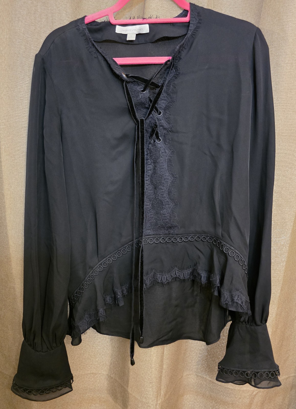 Jonathan Simkhai Black Georgette Lace-Up Soutache Blouse L