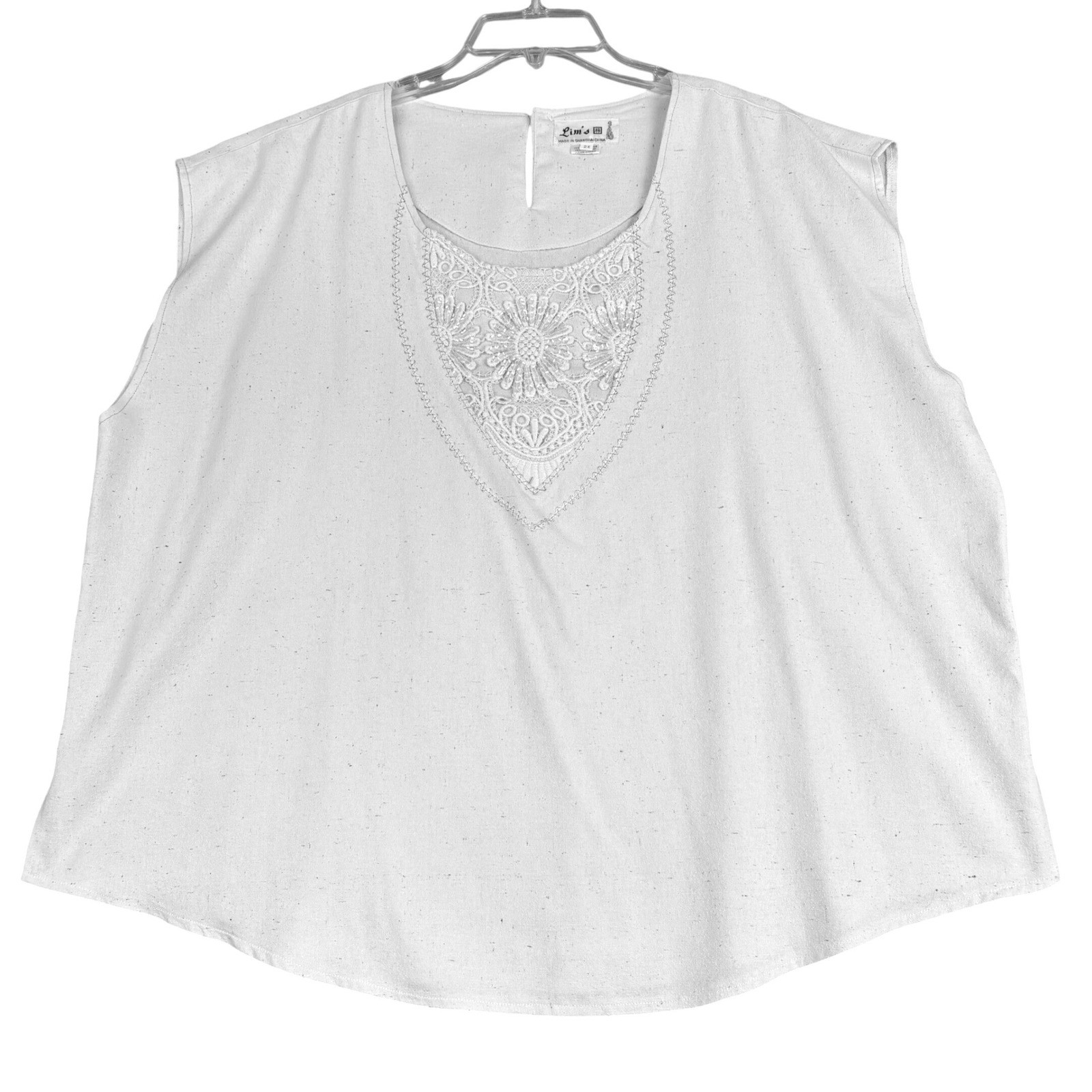 Lim’s Womens 2X Cream Raw Silk Sleeveless Lace Bib Sequin Boho Blouse Top Boxy