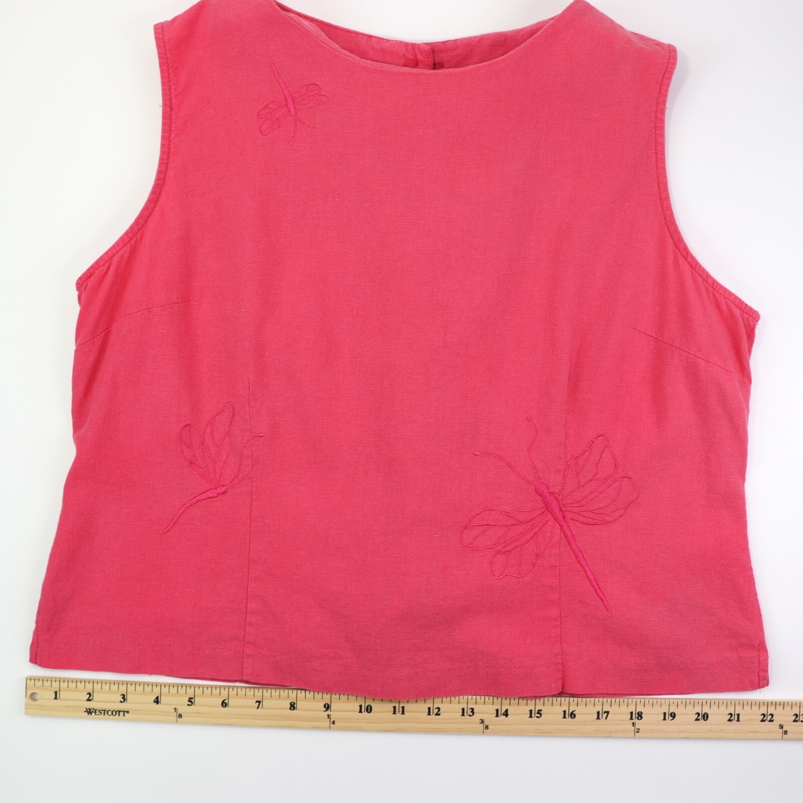 Basic Editions Pink Sleeveless Back Button Top Size 18 Embroidered Dragonfly