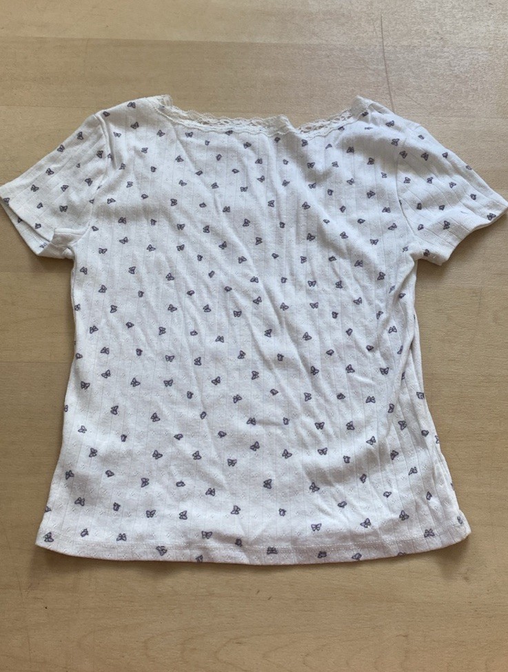 PINK REPUBLIC Butterfly Lace Trim Knit Scoop Neck Short Sleeve T-Shirt S White
