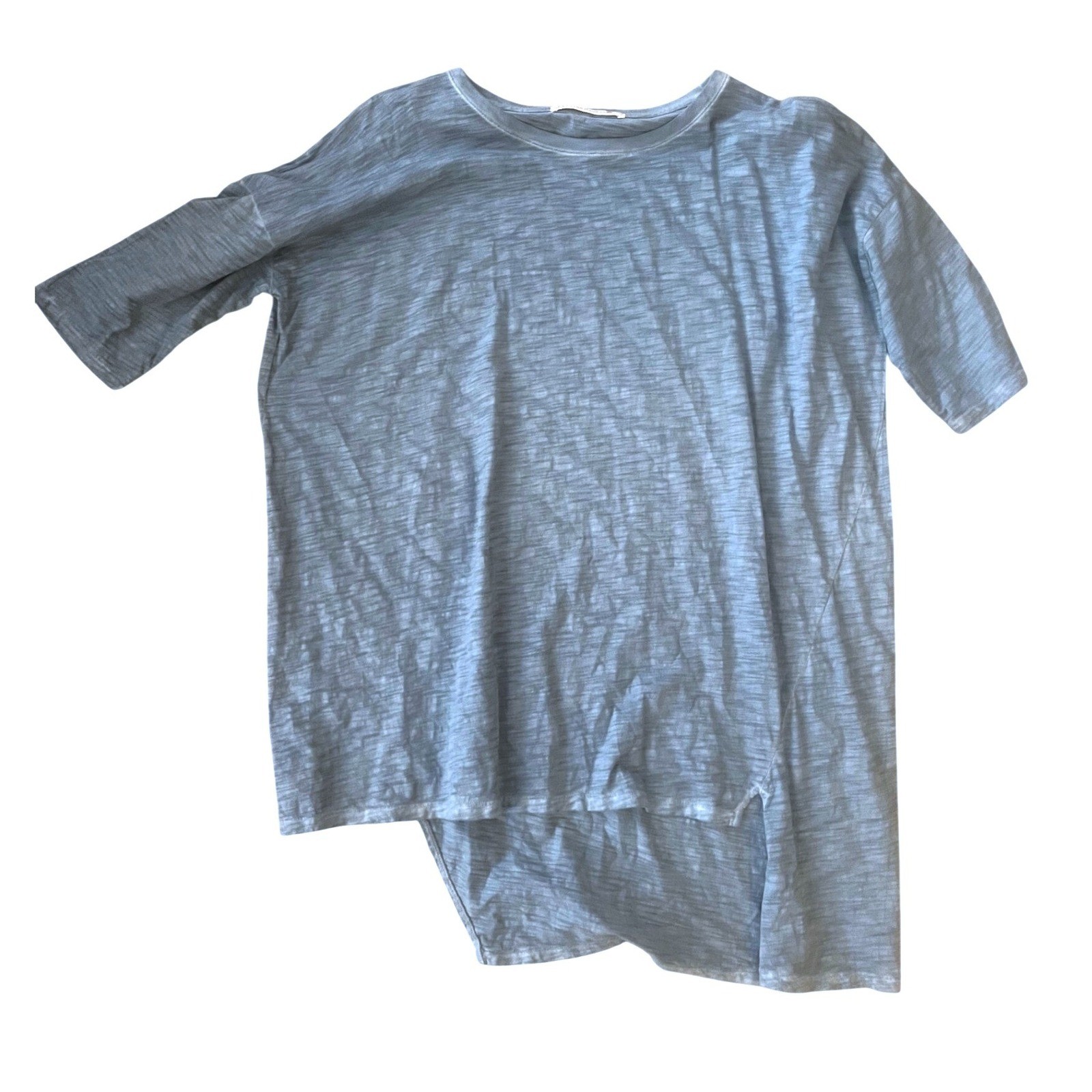 Peruvian Connection Women’s Blue Cotton Slub Asymmetrical Hem Top Lagenlook- M
