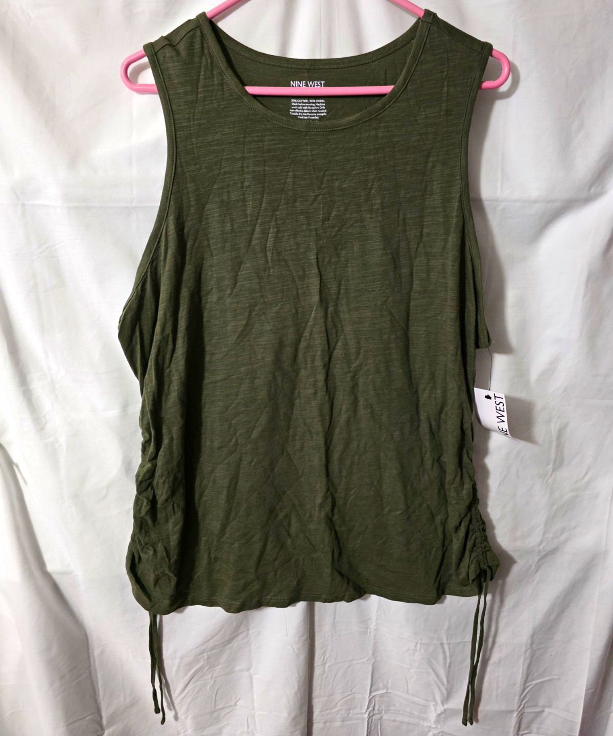 Nine West Women’s Plus 1X Green Knit Tank Top Round Neck Drawstring Sides