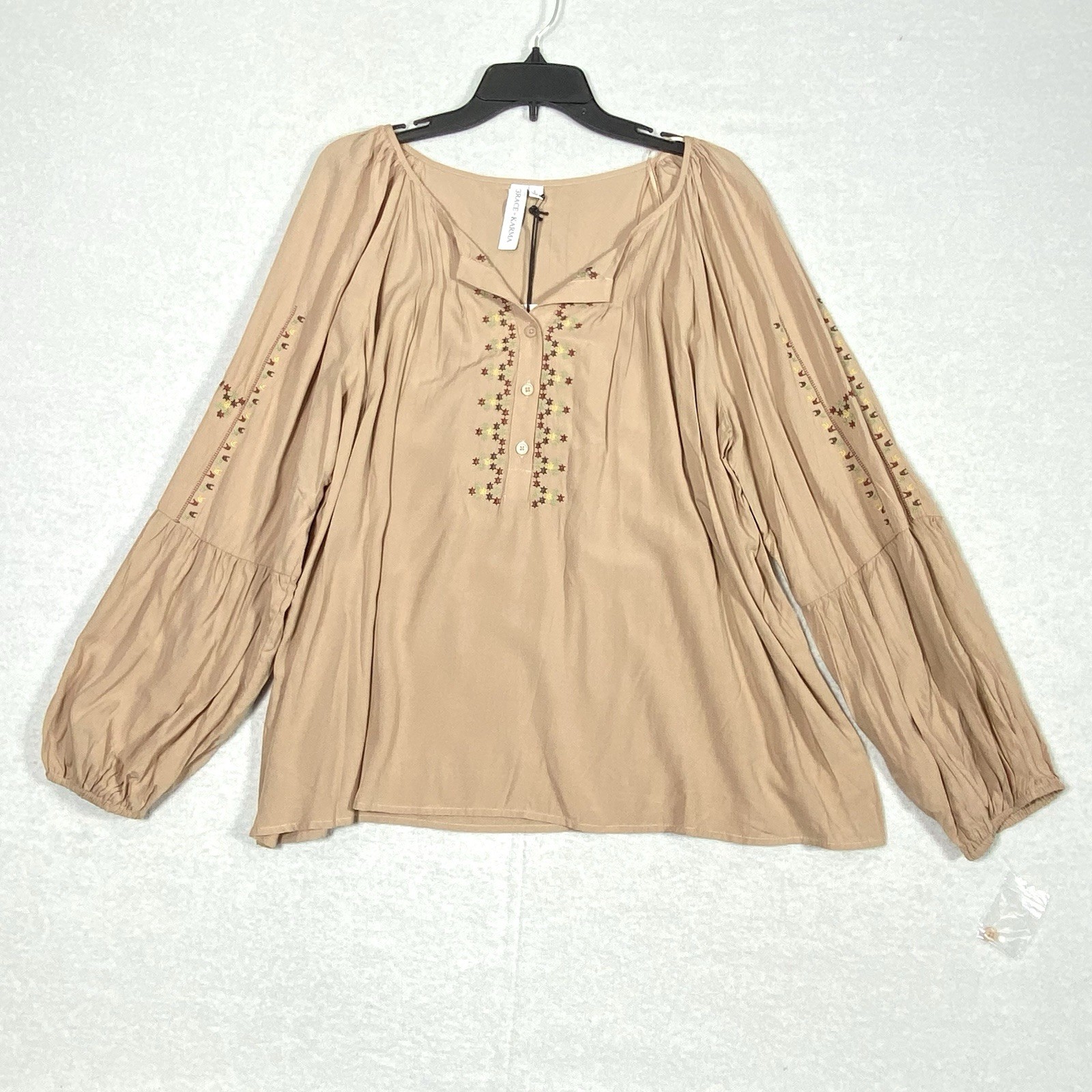 Grace + Karma Boho Blouse Women’s L Tan V Neck Long Sleeve Flowy Western Top NWT