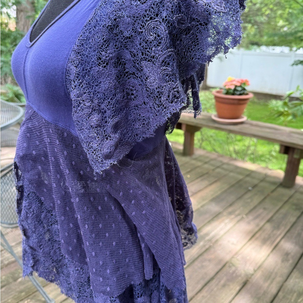 Free People Purple Lace Point Desprit Mixed Media Boho Flutter Sleeve Top XS