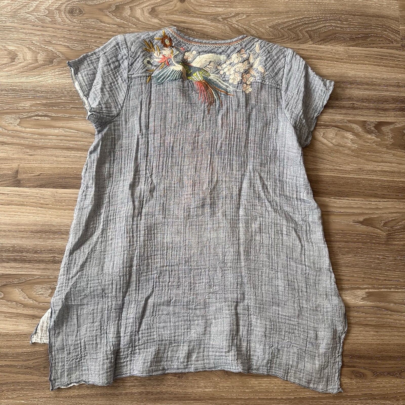 Johnny Was Workshop Embroidered Blouse Tunic Top Bohemian Mandala Crepe Blue M