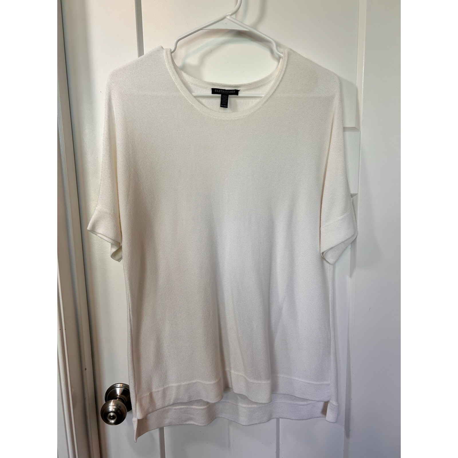 Eileen Fisher Step Hem High Low Drop Shoulder Knit Long Tunic Tee Top White PM