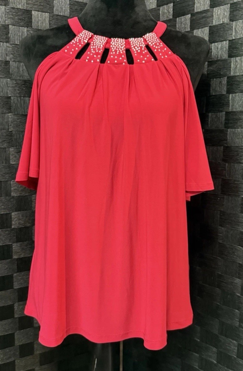 Late August Womens Cold-Shoulder Top Size L Studded Neckline Short Sleeve