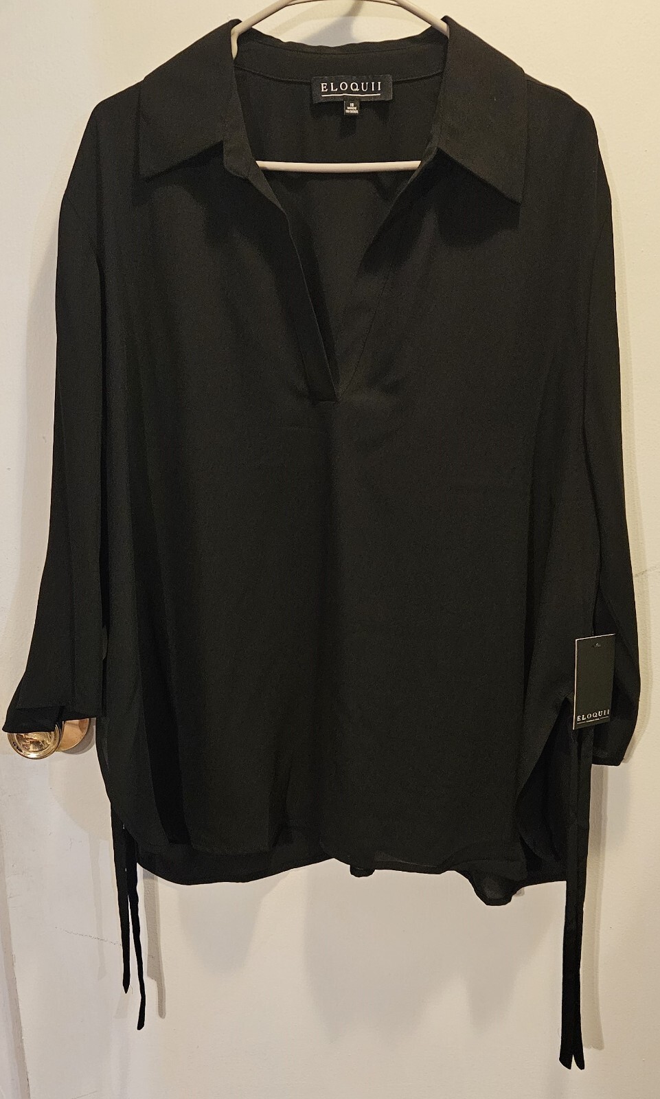 Eloquii Black V-Neck Blouse w/ Side Ties 3/4 Length Sleeves – Sz. 16 – NWT