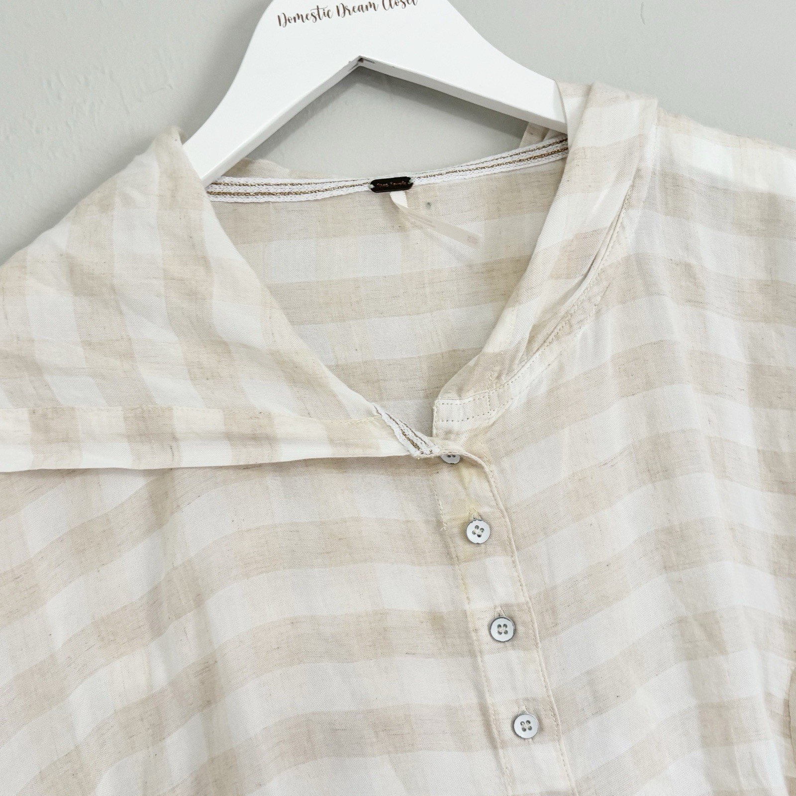 FREE PEOPLE Women’s Ivory Beige LET IT ALL GO Gingham Hoodie Shirt Raw Hem XS