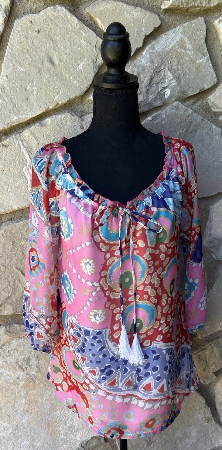Jade Melody Tam Tunic Top Medium Multicolor Abstract Chiffon On Off Shoulder EC