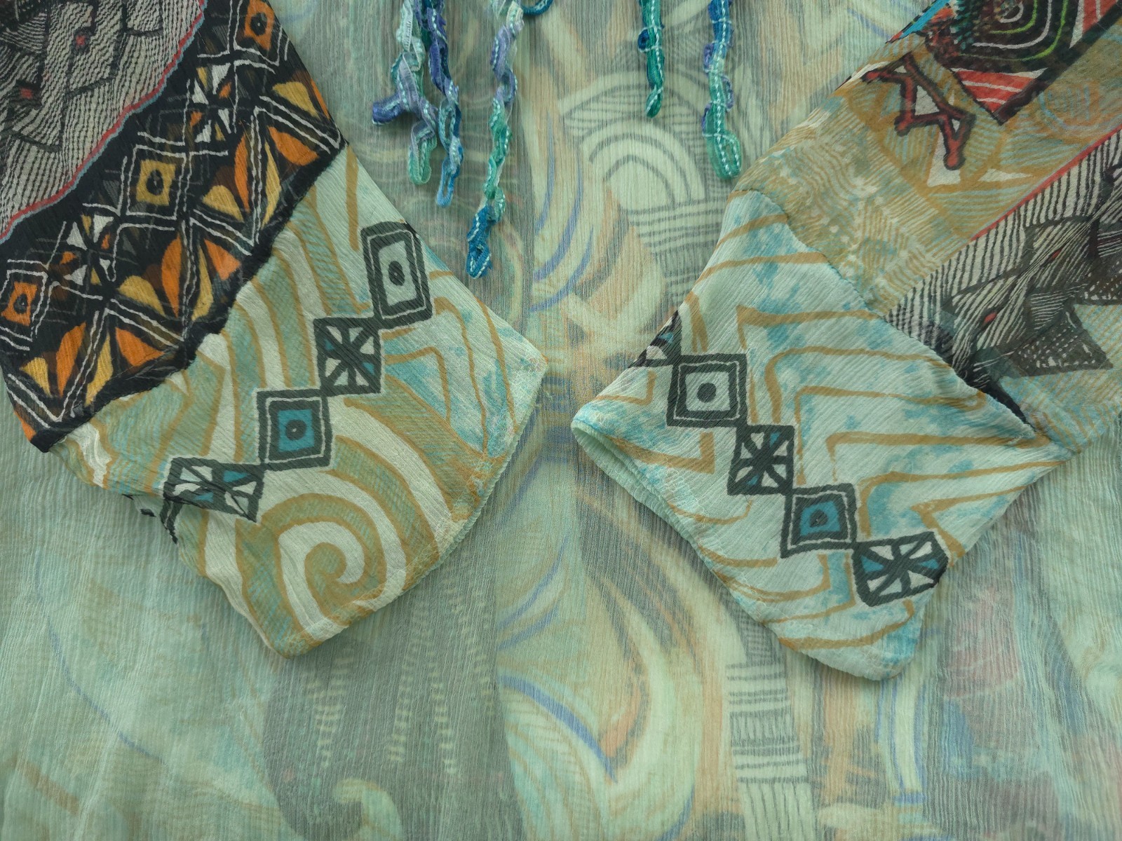 Save The Queen! Mesh Sheer Boho Top Tunika Blouse Size L Mint Green Embroidered