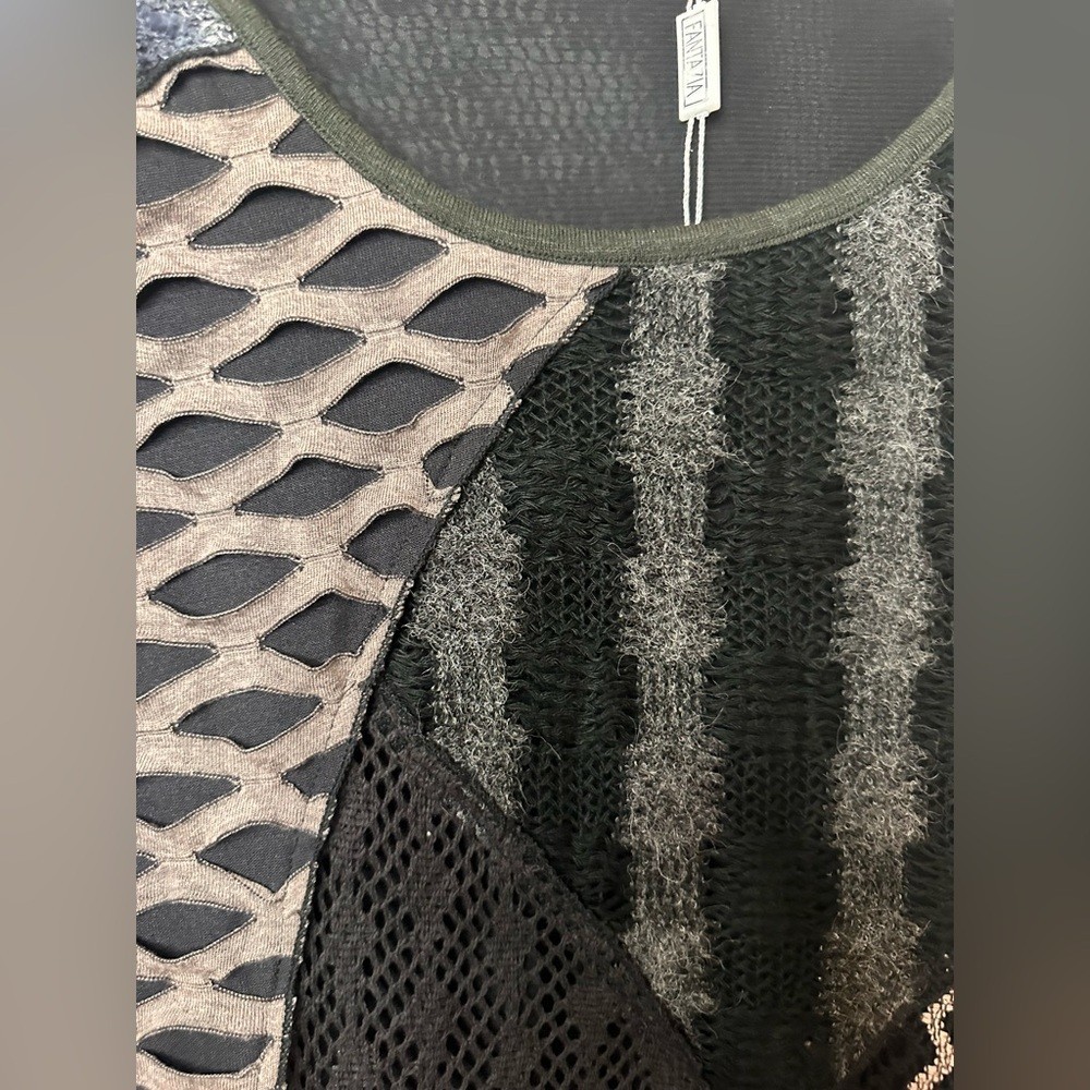 Fantazia Black and Gray Patchwork Mix Media LS Top NWT
