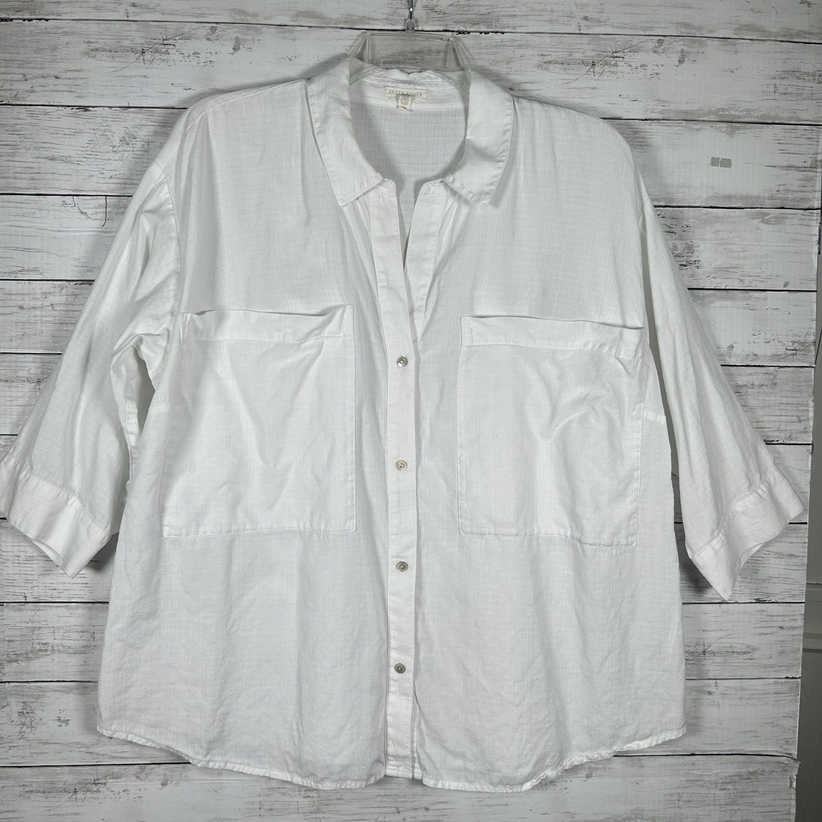 Eileen Fisher Linen Tencel Boxy 3/4 Sleeve White Blouse 1X