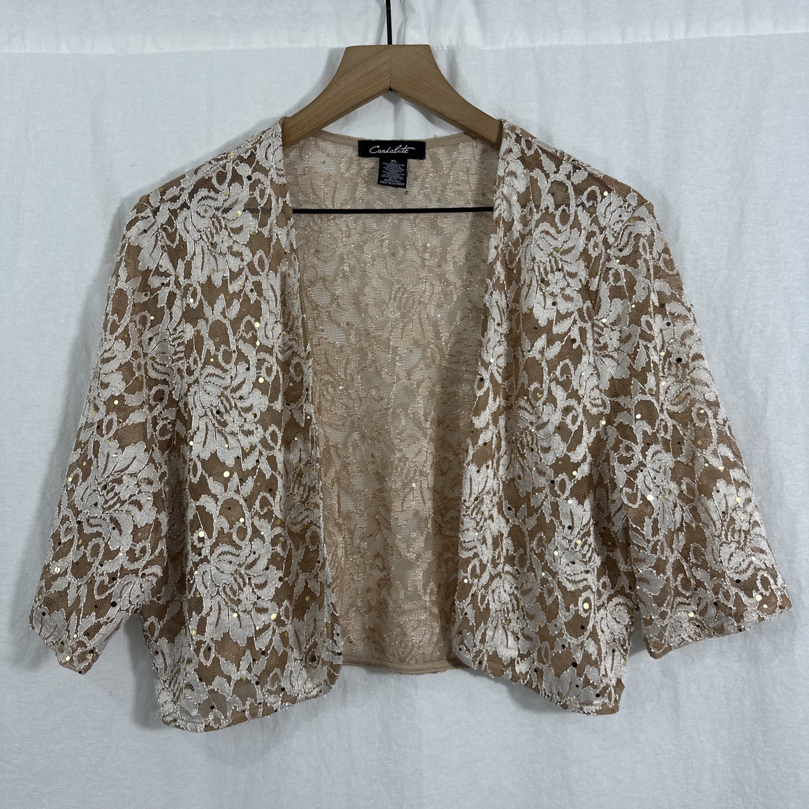 Candalite Beige Lace Sheer Sequin 3/4 Sleeve Bolero Shrug Top Formal Event Sz XL