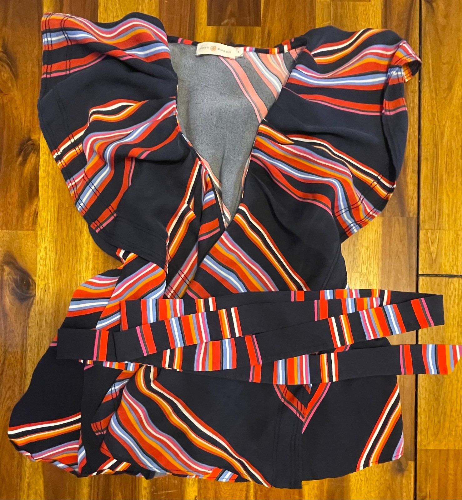 Women’s TORY BURCH Striped Sleeveless Tie Waist Wrap Top Blouse – Size 6