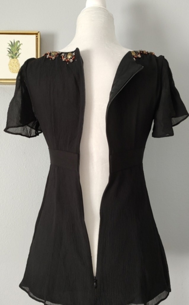 Nanette Lepore Top Blouse Black Size 2 Zipper Back Embellished Neck Good Conditi