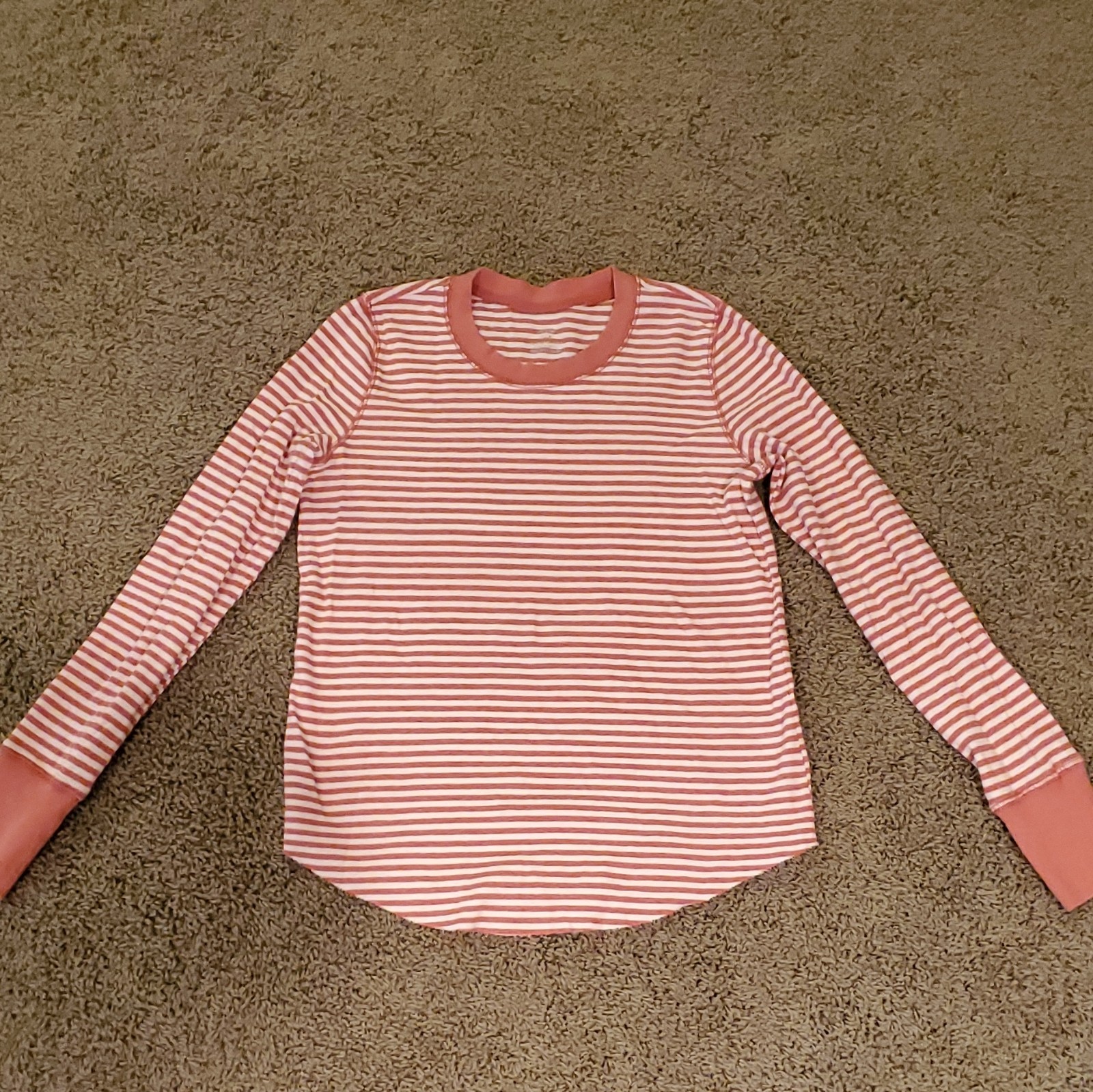 Aerie Pink/White Striped Ribbed Crew Neck Long Sleeve Knit Cotton Top S