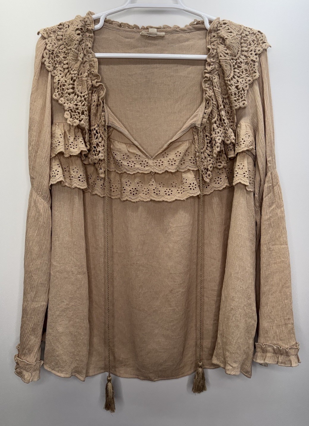 Oddy Beige Oversized Peasant Top Ruffle Crochet Tassels Festival Boho Capsule M