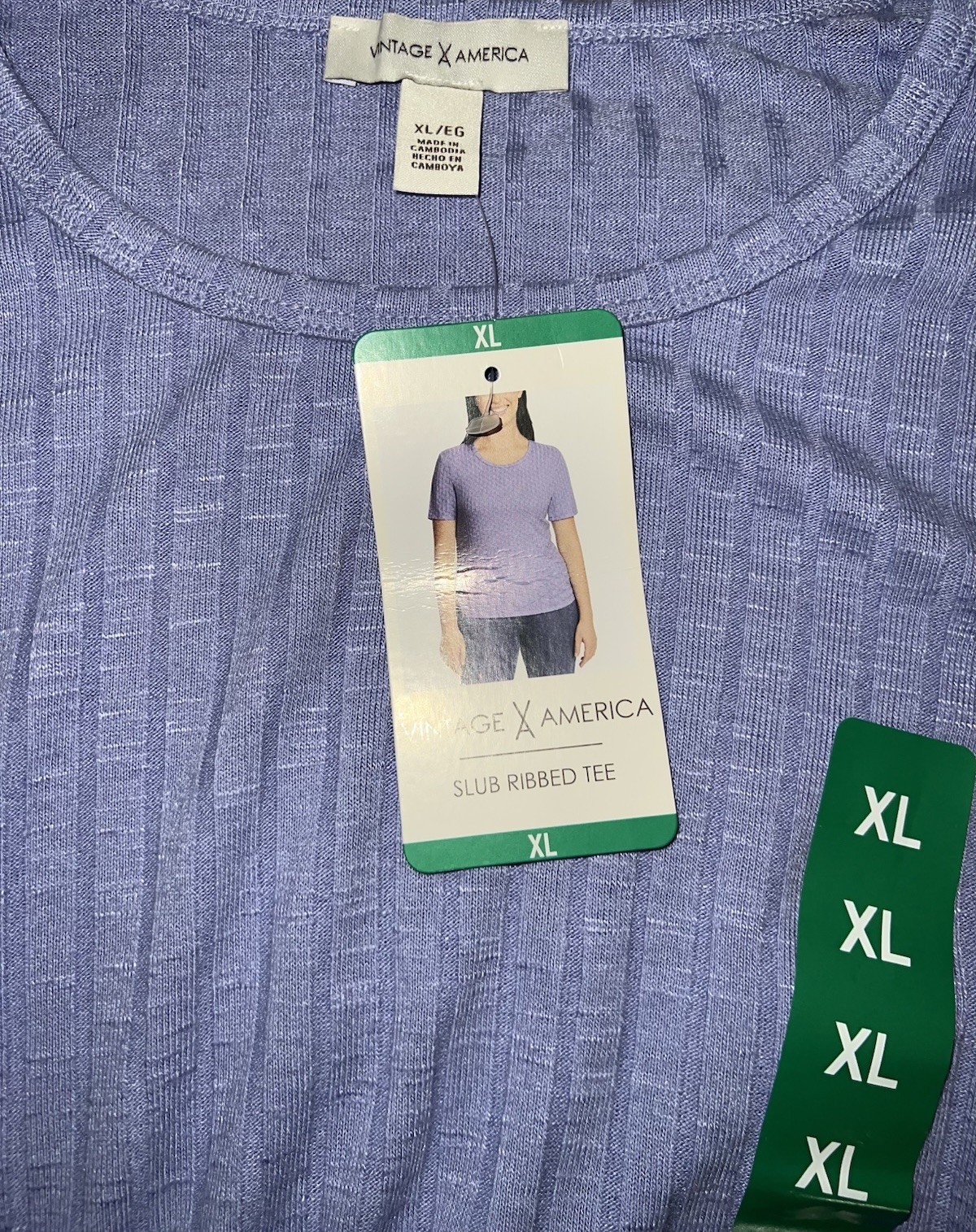 Vintage America Ladies’ Slub Ribbed Tee Blue Size XL New