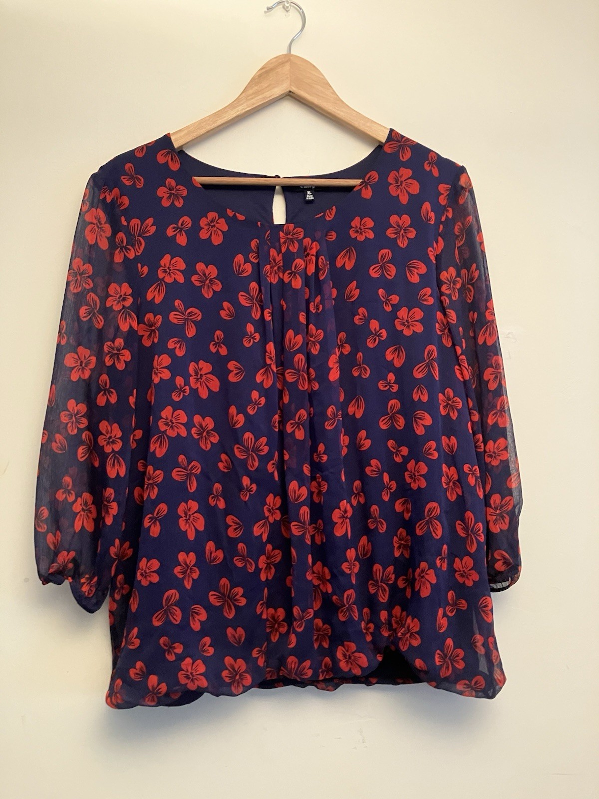 emily d Blouson Elastic-Waist Blouse Navy/Red Print Sheer 3/4 Sleeves Size XL