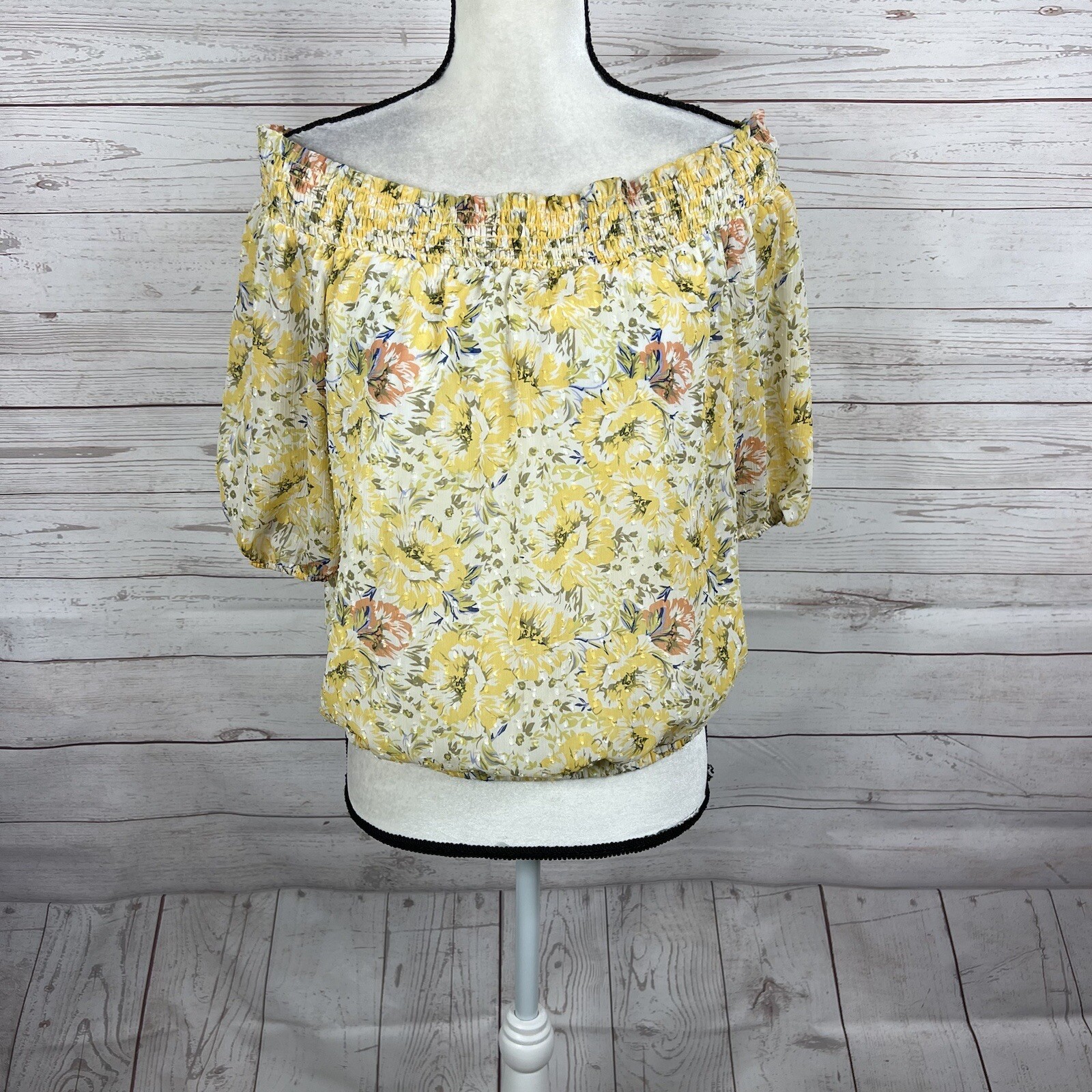 Joie Off the Shoulder Boho Peasant Blouse Top Size Medium Yellow Floral