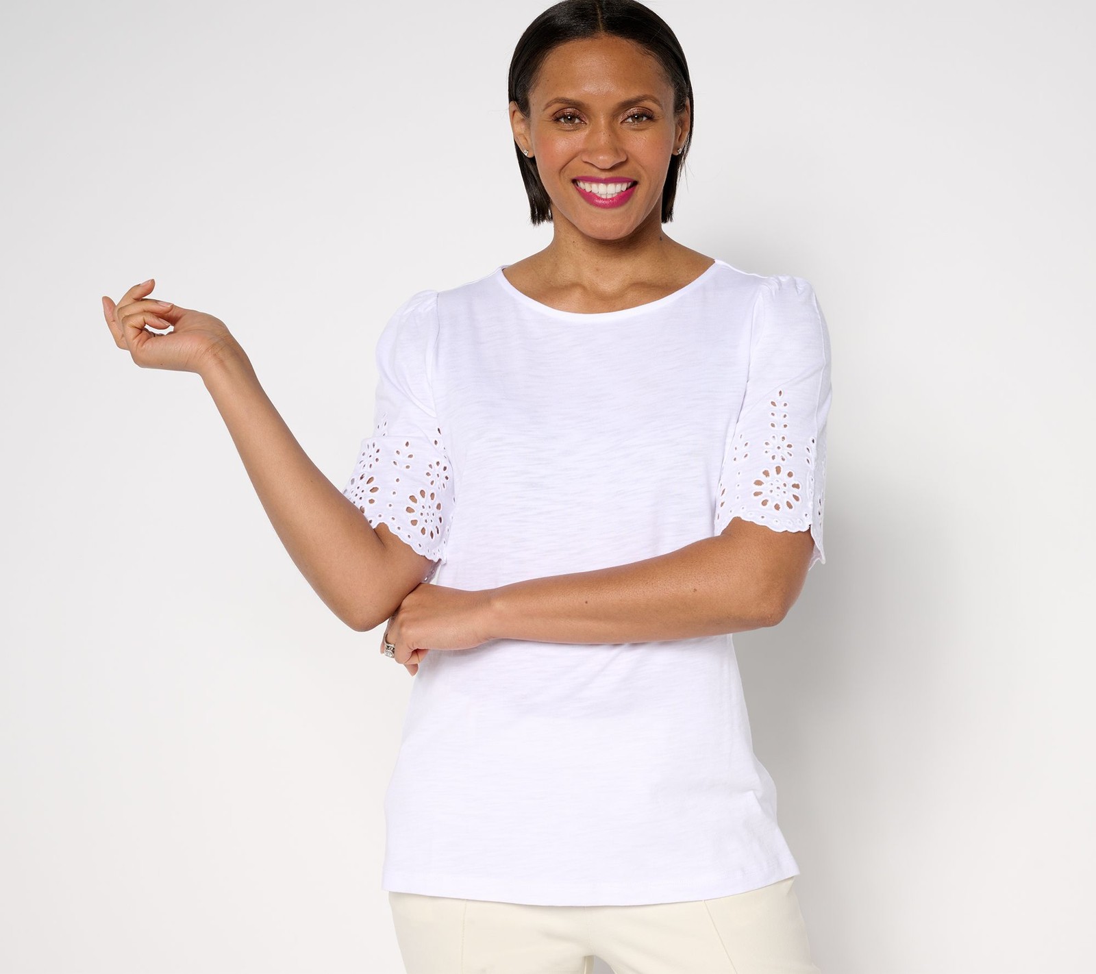 Gloria Vanderbilt Women’s Top Sz L Slub Knit Scallop Sleeve White A683335