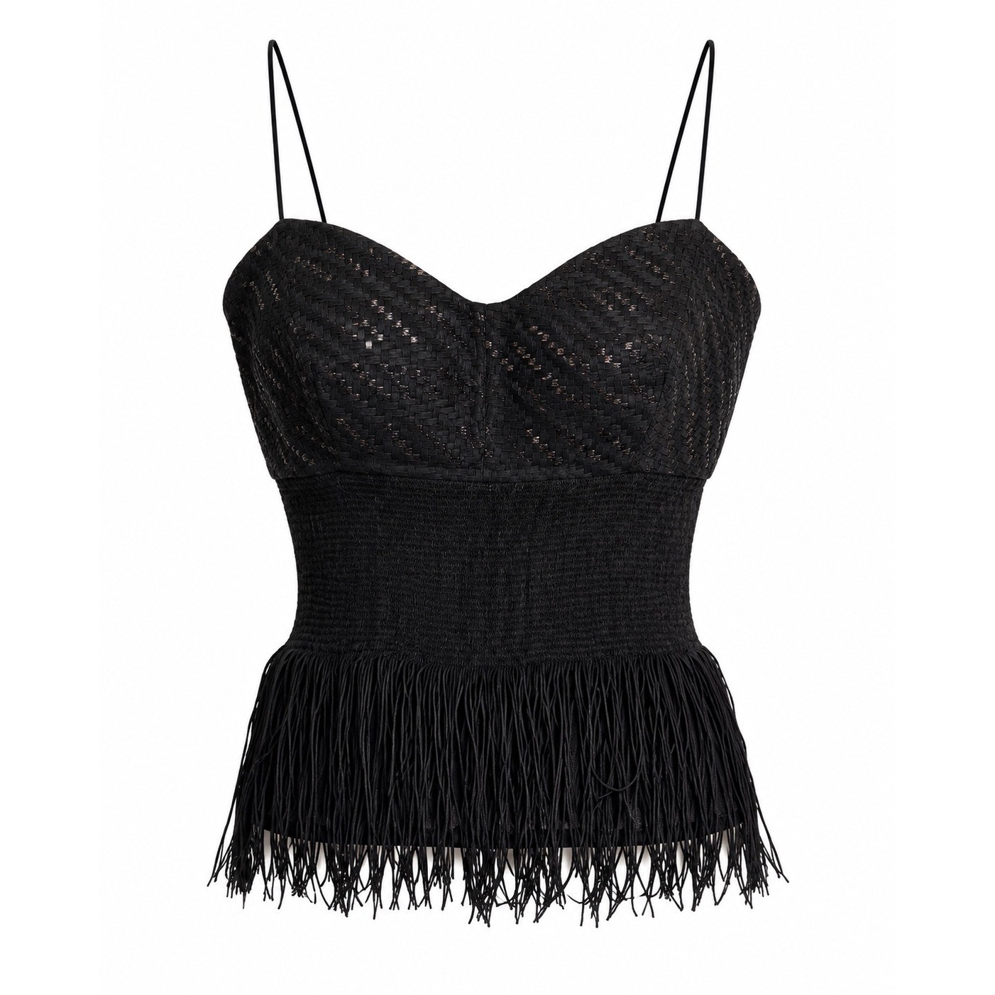 Yigal Azrouel Black Woven Fringe Bustier Top Smocked Waist Camisole Size 4