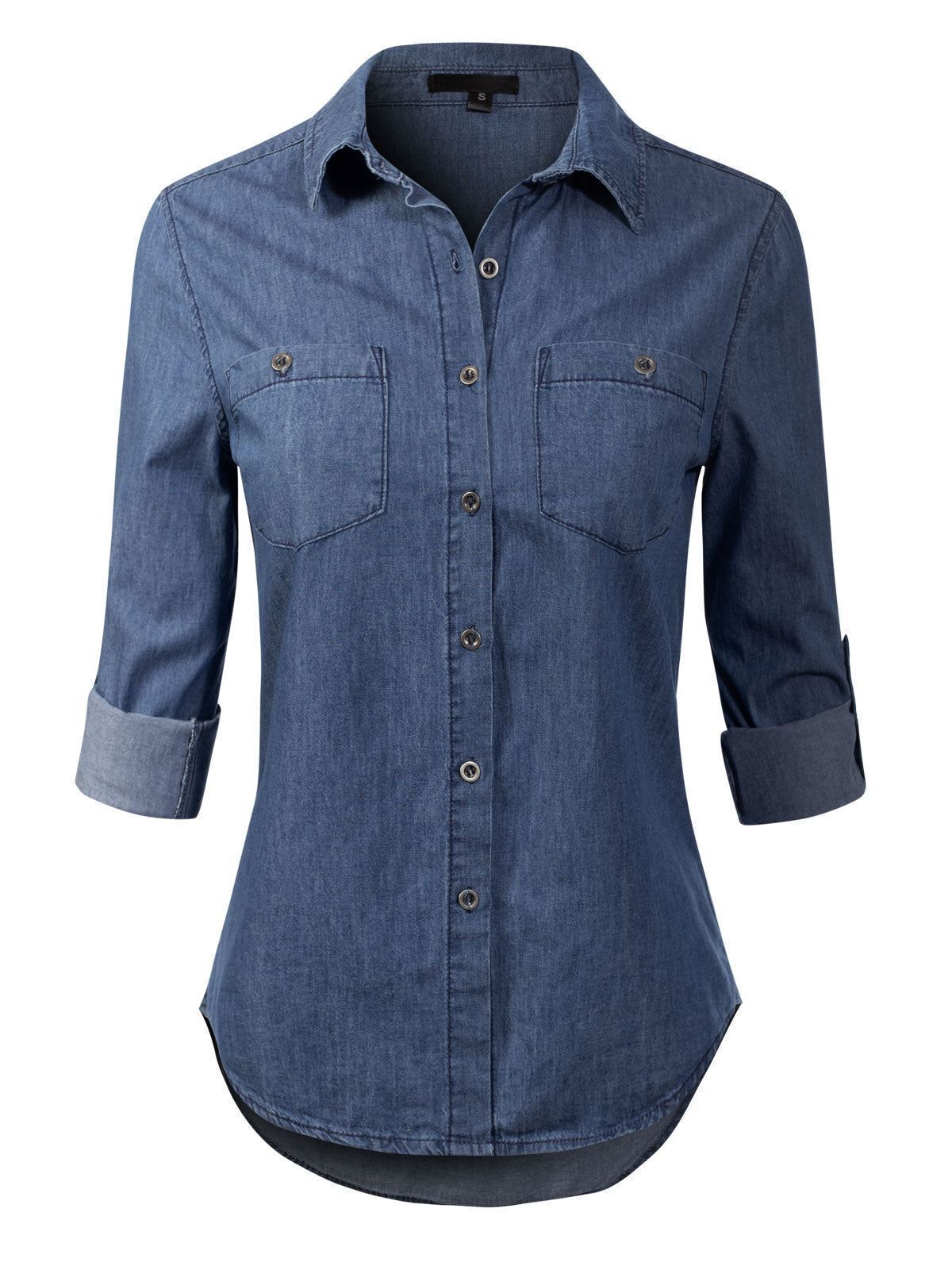 MixMatchy Basic Classic Roll up Sleeve Button Down Chambray Denim Shirt