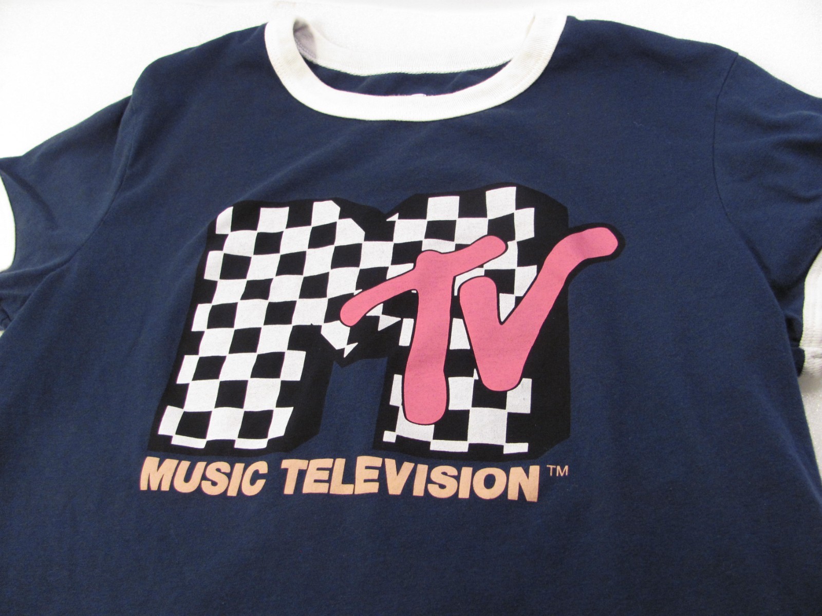 MTV Music Television Shirt Womens L Blue Retro Checkered Logo Tee Modern Ringer