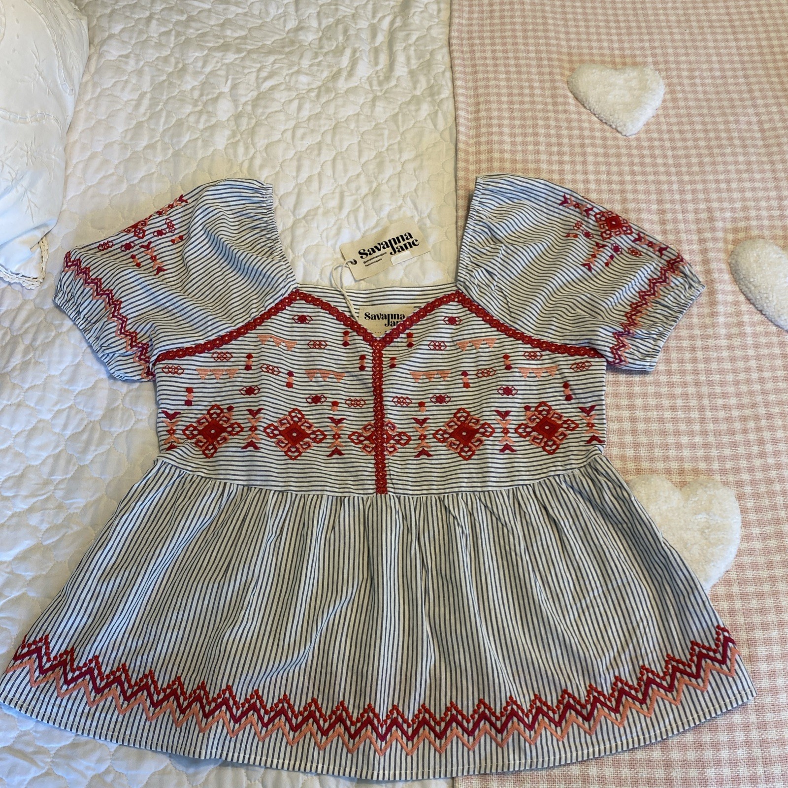Savanna Jane Embroidered Top Womens S Geometric Babydoll Aztec Boho Tribal NEW
