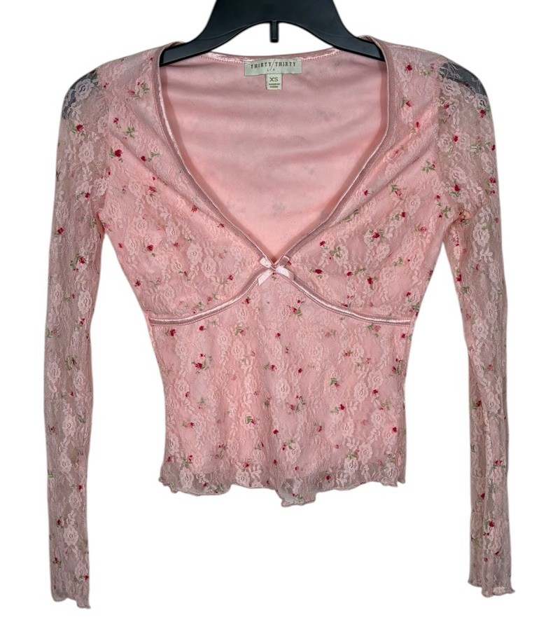 Thirty Thirty LA Pink Lace Floral Babydoll Top Y2K Size XS Cottagecore Fairy