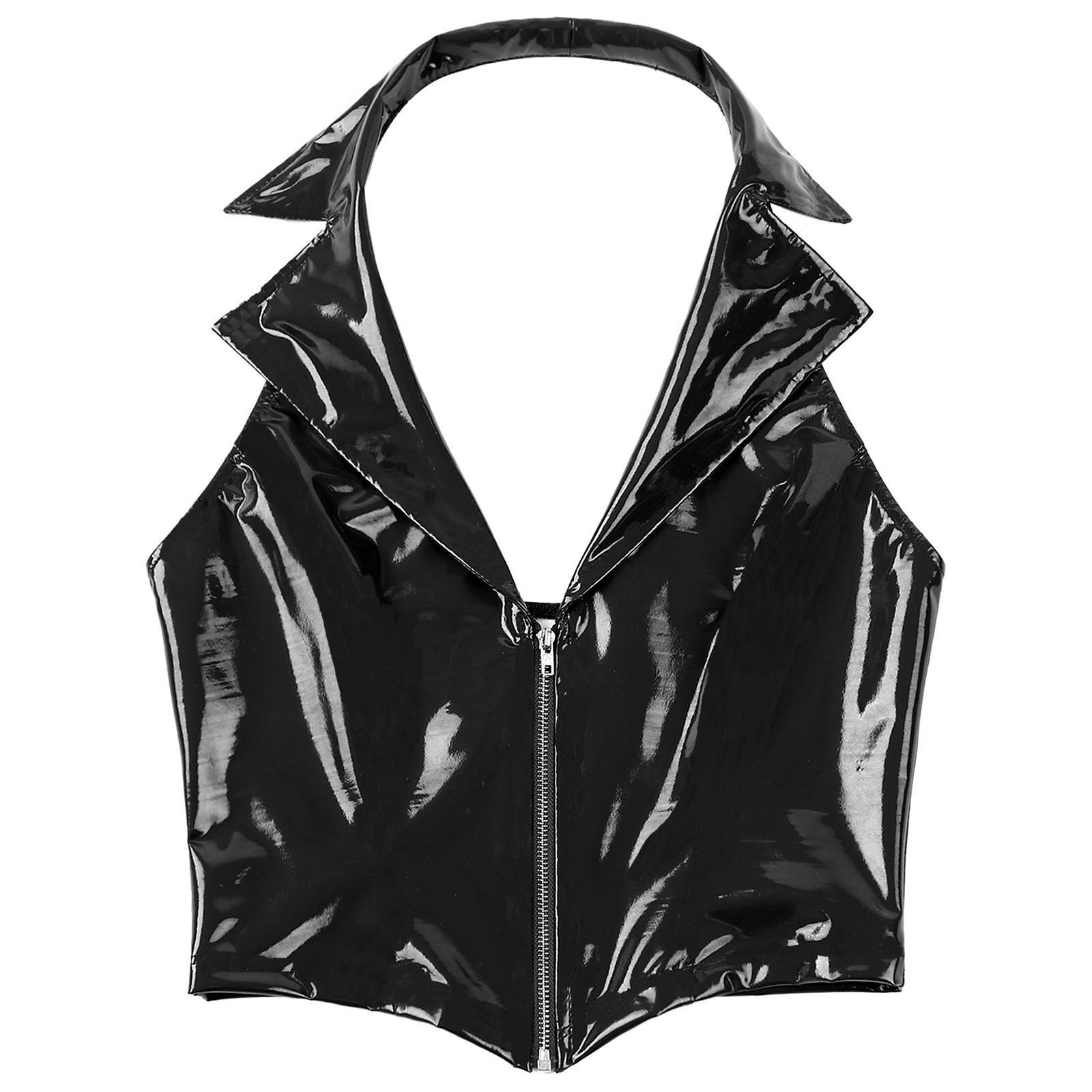 Latex Rubber Halter Neck Vest for Women,Latex Sleeveless Camisole with Front Zip