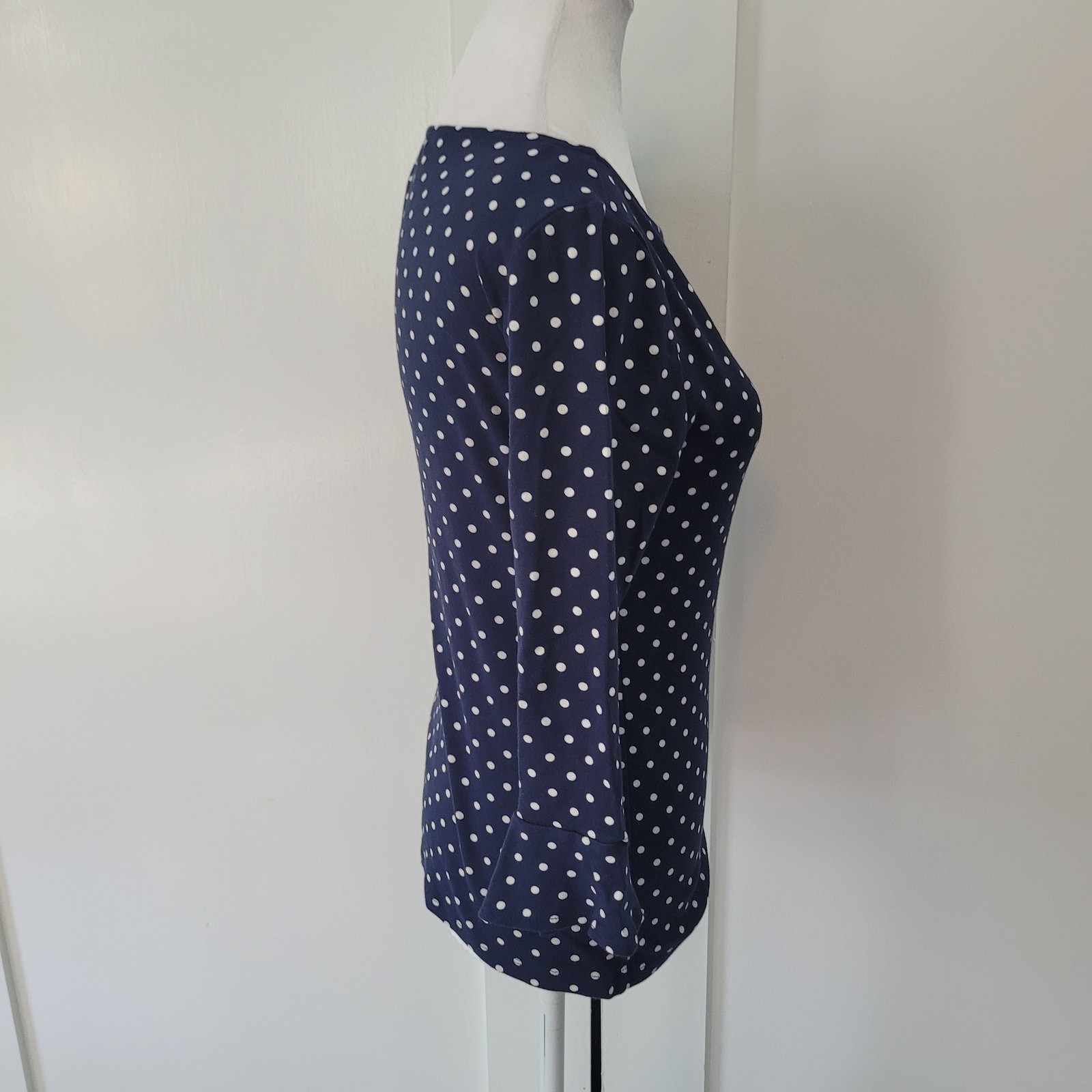 Lauren Ralph Lauren Size M Navy White Polka Dot Flounce Sleeve Blouse