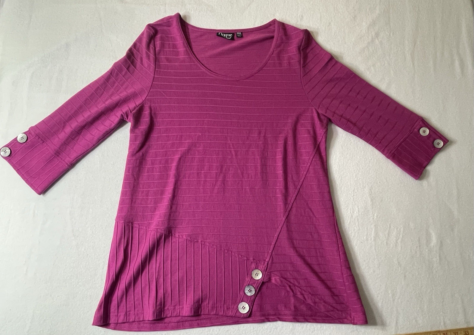 Onque Casual Womens Tunic Top Size PXL Magenta Ribbed Asymmetrical Button Detail