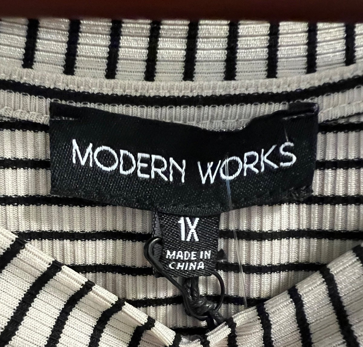 Modern Works Tan and Black Stripe Stretch Ribbed Pullover Top Size 1X NWTS