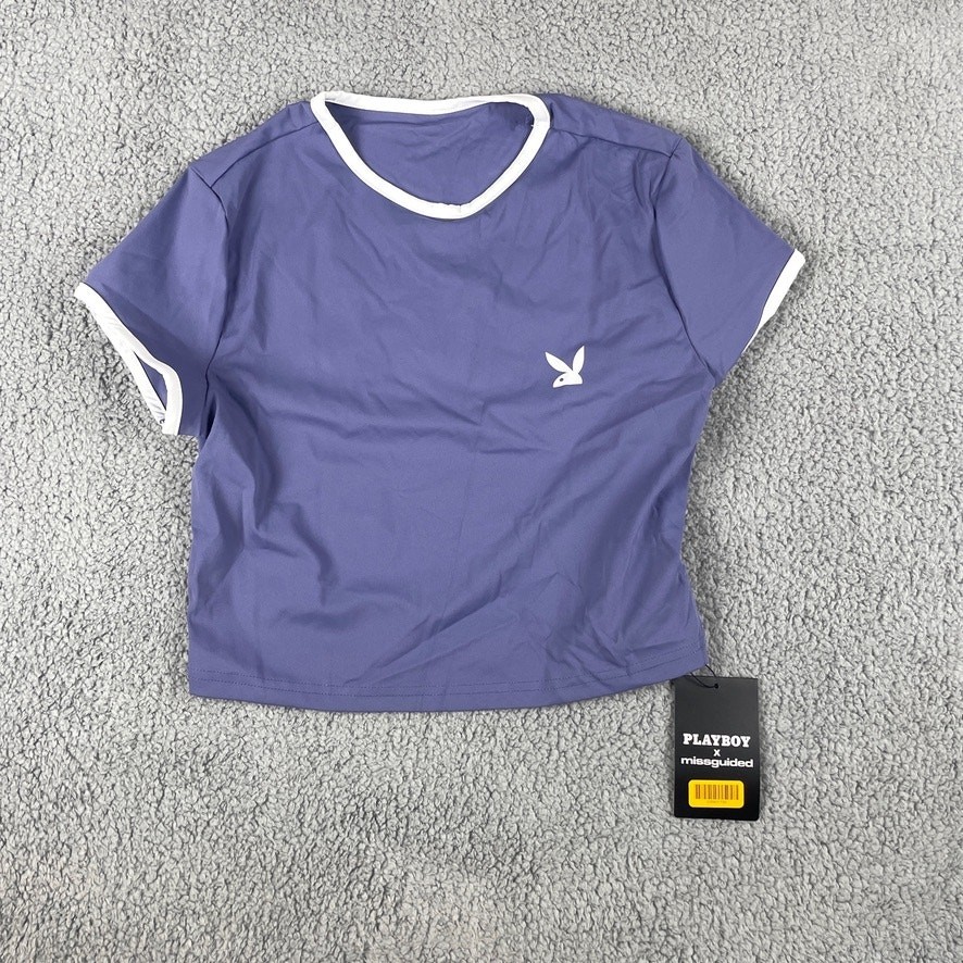 Missguided x Playboy Women’s XL Purple Retro Style Ringer Bunny Logo Crop Tee